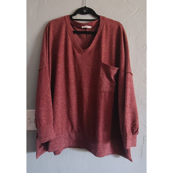 Zenana Womens Oversized Sweater V Neck Stretch Popover Pocket Brown Rust Sz 3X - Picture 1 of 9